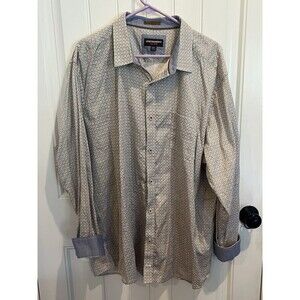 Johnston & Murphy XXXL Geometric Print Button Front Shirt Blue Tan 100% Cotton